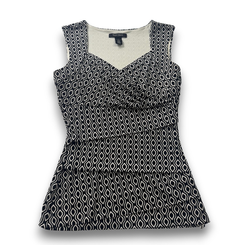 White House Black Market Womens Small Black White Geometric Tiered Ruffle Top